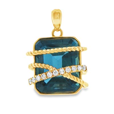 14K Yellow Gold London Blue Topaz & Diamond Crossover Statement Pendant (5.67 Carat)