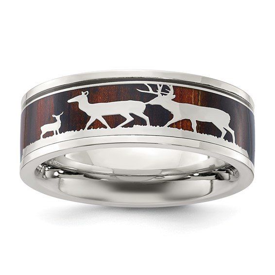Stainless Steel Wood Inlay Deer Design Band Sz 9.5