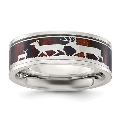 Stainless Steel Wood Inlay Deer Design Band Sz 9.5