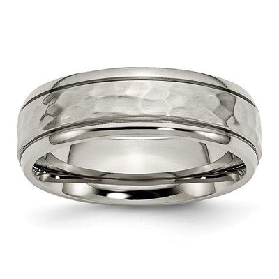 Titanium Polished & Hammered 7mm Grooved Edge Band Titanium Polished & Hammered 7mm Grooved Edge Band