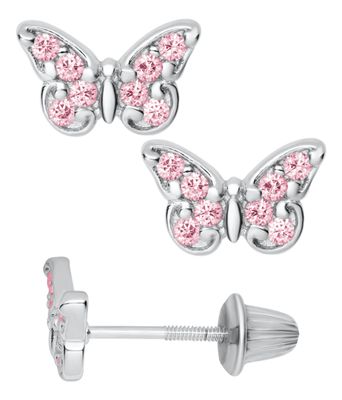 Sterling Silver Kid's Butterfly Pink Cubic Zirconia Earrings Sterling Silver Kid's Butterfly Pink Cubic Zirconia Earrings