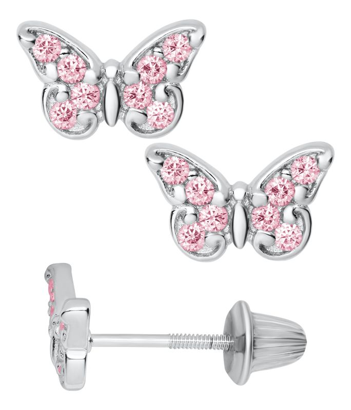 Sterling Silver Kid's Butterfly Pink Cubic Zirconia Earrings Sterling Silver Kid's Butterfly Pink Cubic Zirconia Earrings