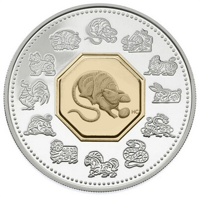 2008 CANADA $15 YEAR OF THE RAT STERLING SILVER & GOLD PLATED CAMEO