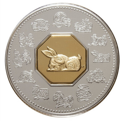 1999 CANADA $15 YEAR OF THE RABBIT STERLING SILVER & GOLD PLATED CAMEO