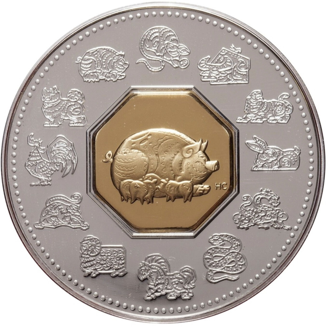 2007 CANADA $15 YEAR OF THE PIG STERLING SILVER & GOLD PLATED CAMEO
