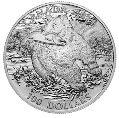 2014 CANADA $100 THE GRIZZLY ($100 FOR $100) FINE SILVER