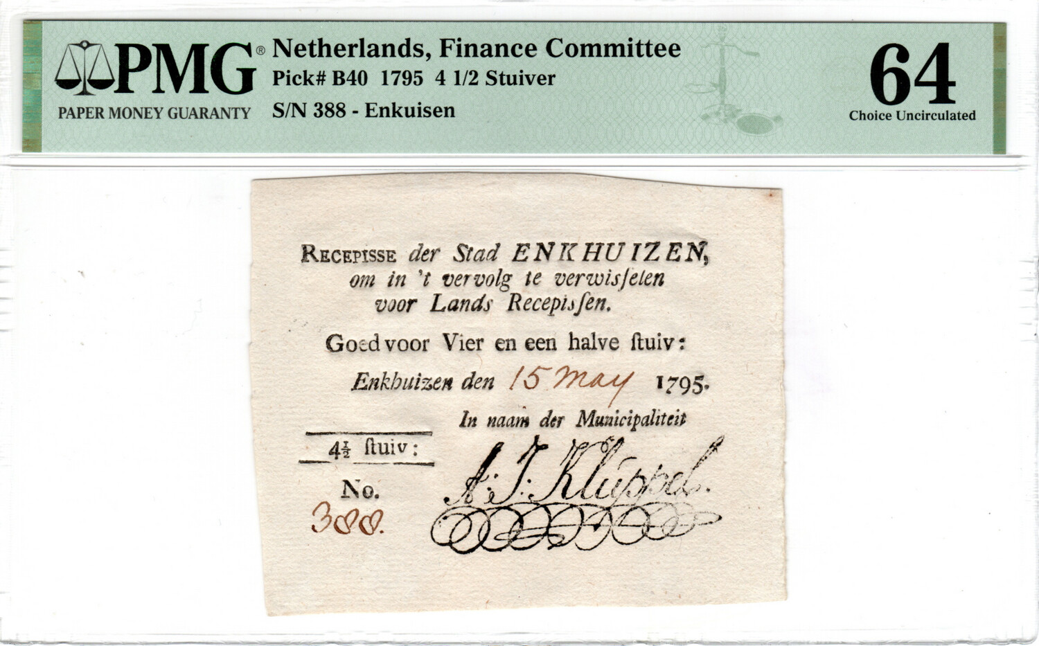 NETHERLANDS (Finance Committee) 4 1/2 Stuiver 1795 Choice UNC PMG 64 Banknotes P-B40 Paper Money