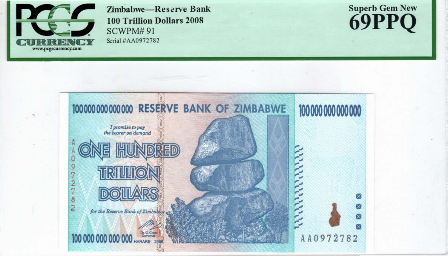 ZIMBABWE 100 Trillion Dollars 2008 Superb Gem UNC PCGS Currency 69 PPQ Banknotes SCWPM#91 Prefix AA Paper Money