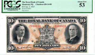 CANADA (Royal Bank of Canada) $10 Dollars 1927 About UNC PCGS 53 Banknotes Charlton 630-14-08 Paper Money S/N 2100831