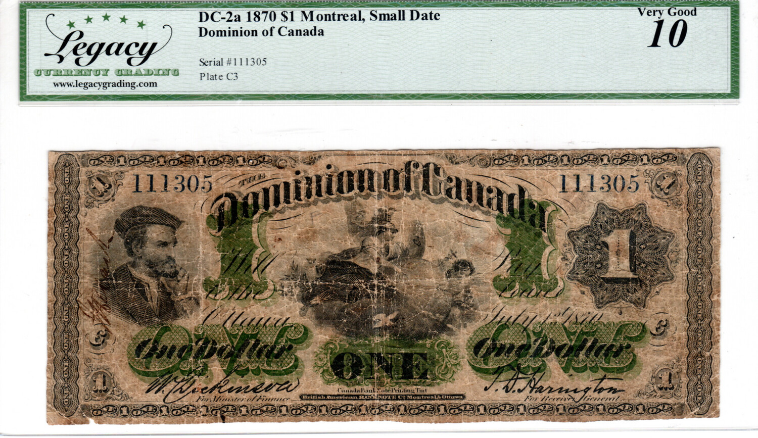 CANADA (Dominion of Canada) Montreal Small Date $1 Dollar 1870 Very Good Legacy Currency Grading 10 Charlton DC-2a Paper Money