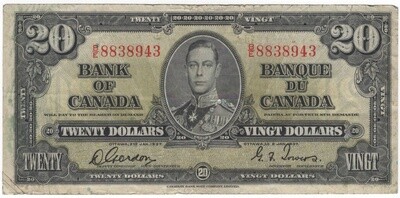 Canada $20 Banknote 1937 Gordon-Towers VF BC-25b P-62b