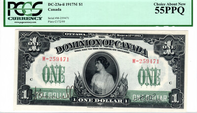 CANADA (Dominion of Canada) $1 Dollar 1917 About UNC PCGS Currency 55 PPQ Banknotes Charlton DC-23a-ii Prefix M Paper Money Boville