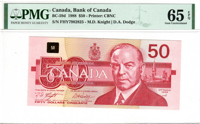 CANADA (Bank of Canada) $50 Dollars 1988 Gem UNC PMG 65 EPQ Banknotes Charlton BC-59d Prefix FHY Paper Money Knight-Dodge