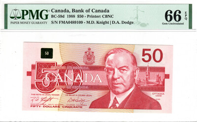 CANADA (Bank of Canada) $50 Dollars 1988 Gem UNC PMG 66 EPQ Banknotes Charlton BC-59d Prefix FMA Paper Money Knight-Dodge