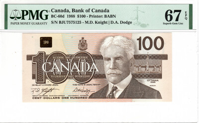 CANADA (Bank of Canada) $100 Dollars 1988 Superb Gem UNC PMG 67 EPQ Banknotes Charlton BC-60d Prefix BJU Paper Money Knight-Dodge
