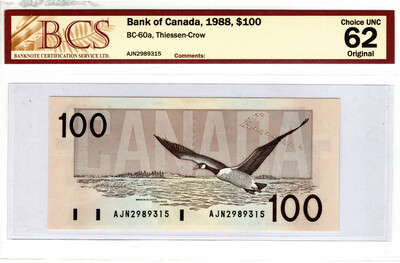 CANADA (Bank of Canada) $100 Dollars 1988 Choice Original UNC BCS 62 Banknotes Charlton BC-60a Prefix AJN Paper Money Thiessen-Crow