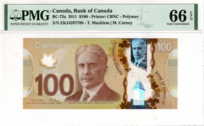 CANADA (Bank of Canada) $100 Dollars 2011 Gem UNC PMG 66 EPQ Banknotes Charlton BC-73a Prefix EKJ Paper Money Macklem-Carney