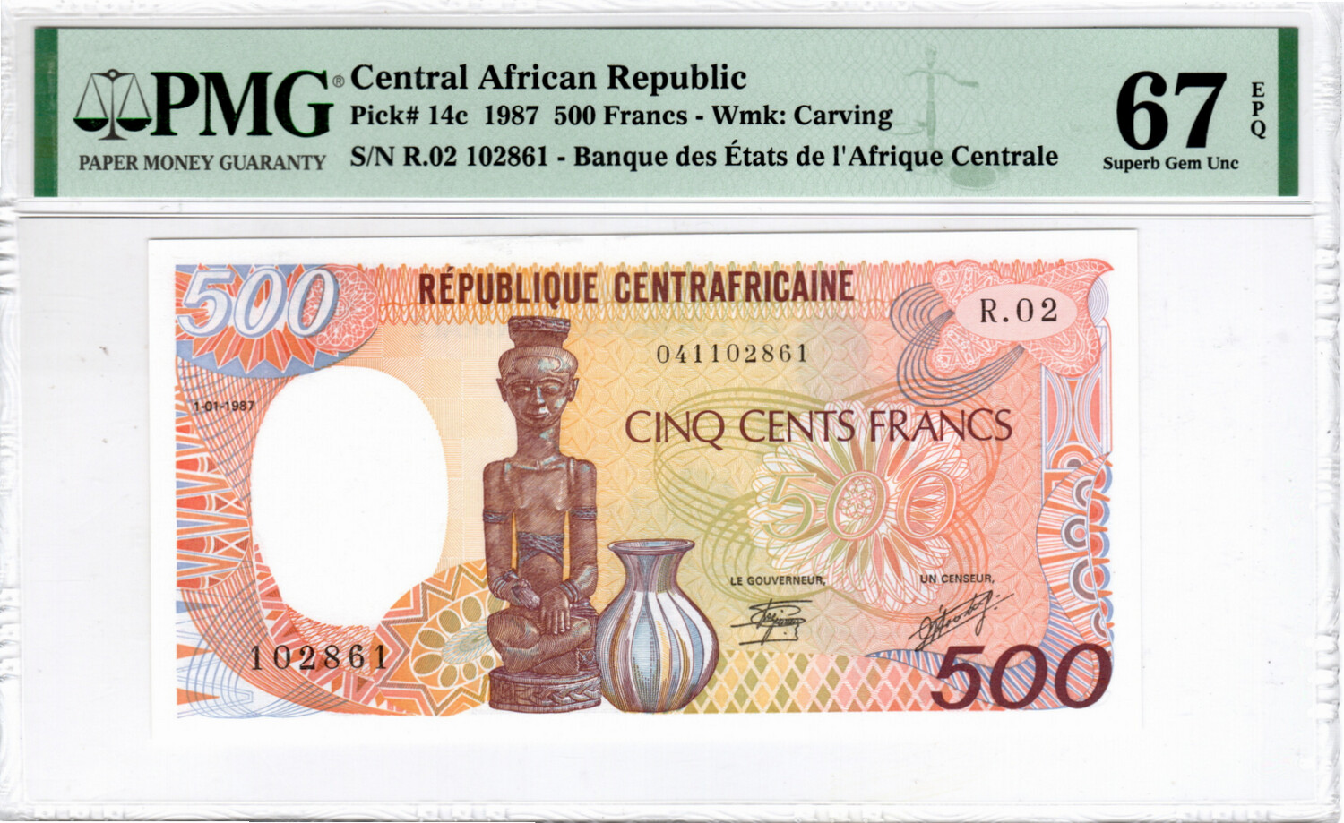 CENTRAL AFRICAN REPUBLIC 500 Francs 1987 Superb Gem UNC PMG 67 EPQ Banknotes P-14c Prefix R.02 Paper Money