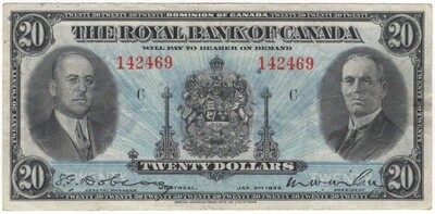 The Royal Bank of Canada Banknote 1935 $20 Series C CH-630-18-06a Very Fine S/N 142469