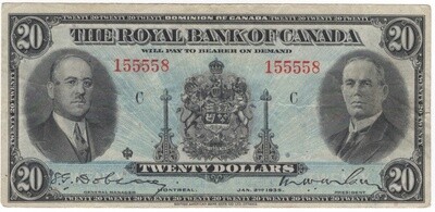 The Royal Bank of Canada Banknote 1935 $20 Series C CH-630-18-06a Very Fine S/N 155558