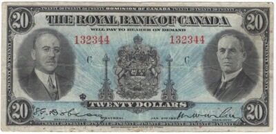 The Royal Bank of Canada Banknote 1935 $20 Series C CH-630-18-06a Very Fine S/N 132344