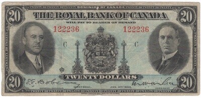 The Royal Bank of Canada Banknote 1935 $20 Series C CH-630-18-06a Very Fine S/N 122236