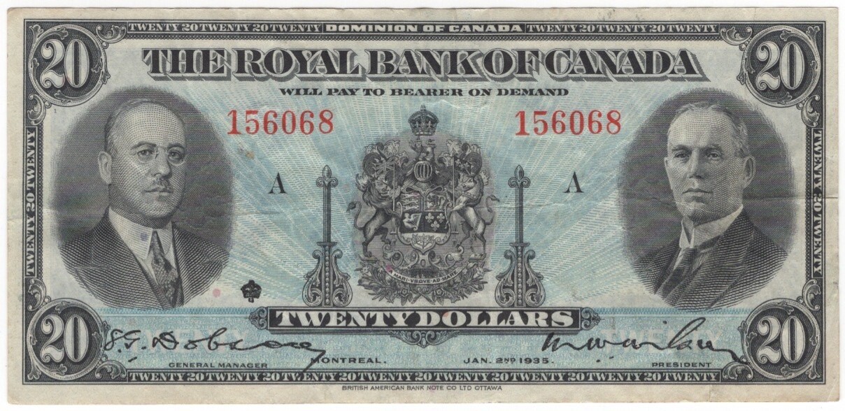The Royal Bank of Canada Banknote 1935 $20 Series A CH-630-18-06a Very Fine S/N 156068