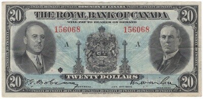 The Royal Bank of Canada Banknote 1935 $20 Series A CH-630-18-06a Very Fine S/N 156068