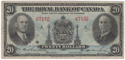 The Royal Bank of Canada Banknote 1935 $20 Series C CH-630-18-06a Very Fine S/N 67132