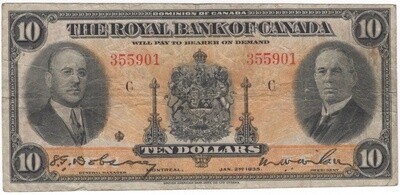 The Royal Bank of Canada Banknote 1935 $10 Series C CH-630-18-04a Very Fine S/N 355901