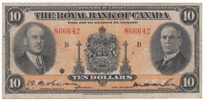 The Royal Bank of Canada Banknote 1935 $10 Series B CH-630-18-04a Very Fine S/N 866642