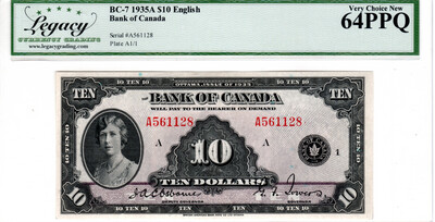 Canada $10 Dollars BC-7 1935A Very Choice UNC Legacy 64PPQ Banknotes Serial #A561128 Prefix A Paper Money
