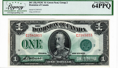 Canada $1 Dollar DC-25j 1923C Very Choice UNC Legacy 64PPQ Banknote Serial #C2585055 Prefix C Paper Money