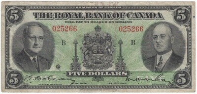 The Royal Bank of Canada 1943 $5 Banknote Series B CH-630-20-02 S/N 025266