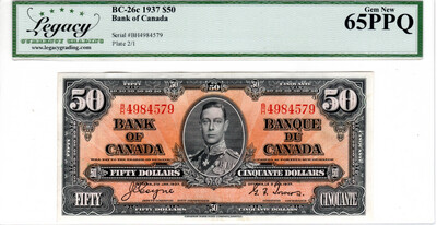 Canada $50 Dollars BC-26c 1937 Gem UNC Legacy 65PPQ Banknote Serial #BH4984579 Prefix BH Paper Money