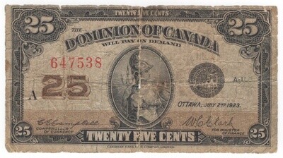 Dominion of Canada 25 cent 1923 Series A DC-24d Very Good S/N647538