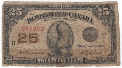 Dominion of Canada 25 cent 1923 Series B DC-24d Very Good S/N691972