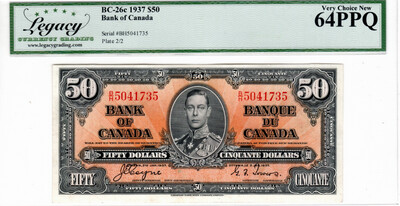 Canada $50 Dollars BC-26c 1937 Very Choice UNC Legacy 64PPQ Banknote Serial #BH5041735 Prefix BH Paper Money