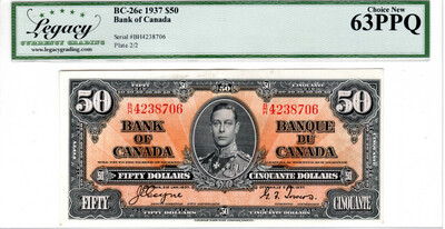 Canada $50 Dollars BC-26c 1937 Choice UNC Legacy 63PPQ Banknote Serial #BH4238706 Prefix BH Paper Money