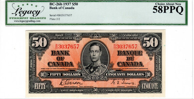 Canada $50 Dollars BC-26b 1937 Choice About UNC Legacy 58PPQ Banknote Serial #BH3037657 Prefix BH Paper Money