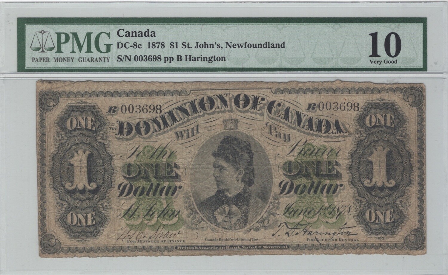 Dominion of Canada $1 Dollar Scalloped Border 1878 St. John DC-8c Very Good PMG10 S/N003698/B