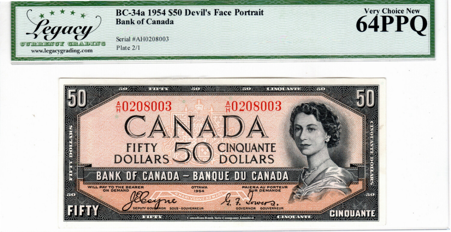 Canada $50 Dollars BC-34a 1954 Devil’s Face Portrait Very Choice UNC Legacy 64PPQ Banknote Serial #AH0208003 Prefix AH Paper Money