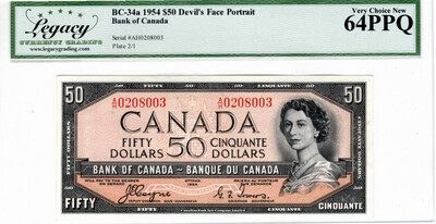 Canada $50 Dollars BC-34a 1954 Devil’s Face Portrait Very Choice UNC Legacy 64PPQ Banknote Serial #AH0208003 Prefix AH Paper Money