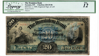 Canada The Dominion Bank $20 Dollars 1909 Charlton 220-20-06 Fine Legacy 12 Banknote Serial #142953 Paper Money