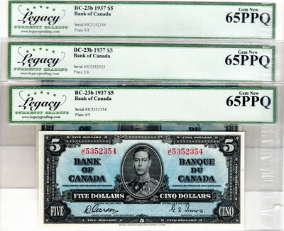 Canada $5 Dollars BC-23b 1937 Gem UNC Legacy 65PPQ Banknote Serial #JC352354-56 Consecutive Bills Paper Money