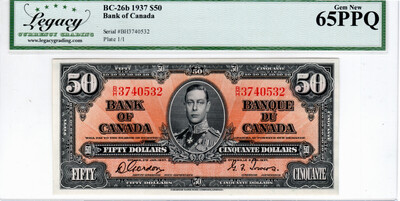 CANADA (Bank of Canada) $50 Dollars 1937 Legacy Currency Grading Gem UNC-65 PPQ Banknotes CH-BC-26b Prefix B/H Paper Money Gordon-Towers