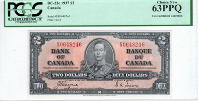CANADA (Bank of Canada) $2 Dollars 1937 PCGS Currency Choice UNC-63 PPQ Banknotes CH-BC-22c Prefix E/R Paper Money Coyne-Towers