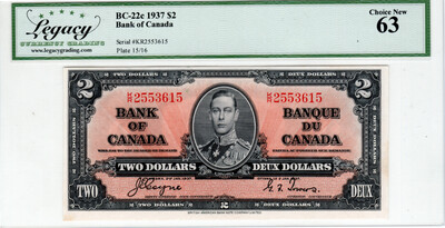 CANADA (Bank of Canada) $2 Dollars 1937 Legacy Currency Grading Choice UNC-63 Banknotes CH-BC-22c Prefix K/R Paper Money Coyne-Towers