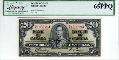 CANADA (Bank of Canada) $20 Dollars 1937 Legacy Currency Grading Gem UNC-65 PPQ Banknotes CH-BC-25b Prefix D/E Paper Money