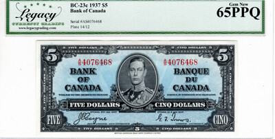Canada $5 Dollars BC-23c 1937 Gem UNC Legacy 65PPQ Banknote Serial #AS4076468 Prefix AS Paper Money